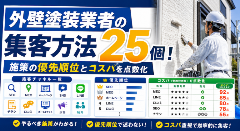 外壁塗装業者の集客方法25個！施策の優先順位とコスパを点数化