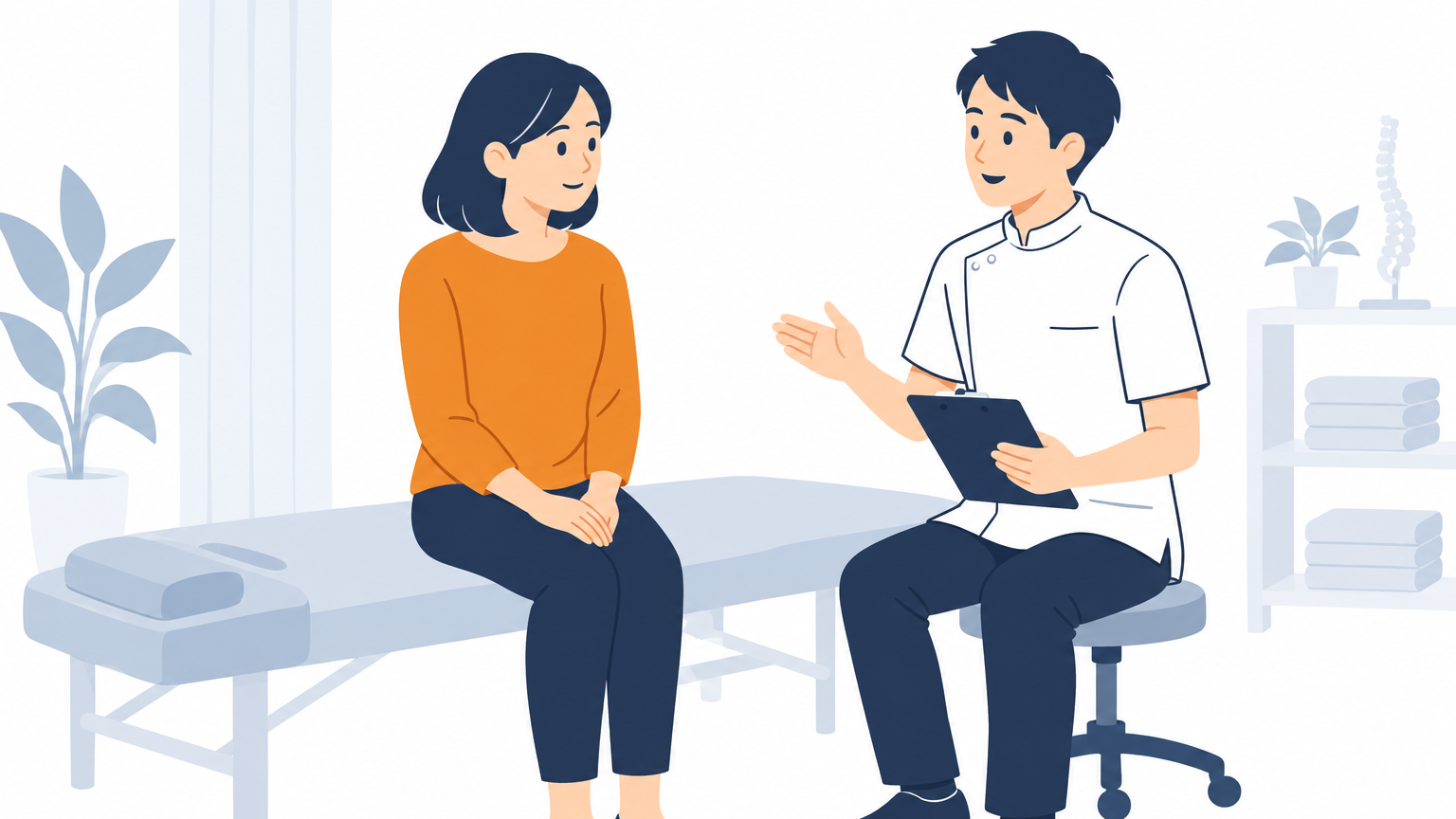 整体院の施術ベッドの横で、施術者が患者と落ち着いて会話をしている場面
