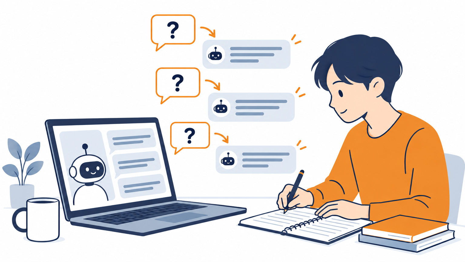 担当者がパソコンの前で、AIのチャット画面に同じ質問を何度も投げて、結果を手元のノートに書き留めている場面