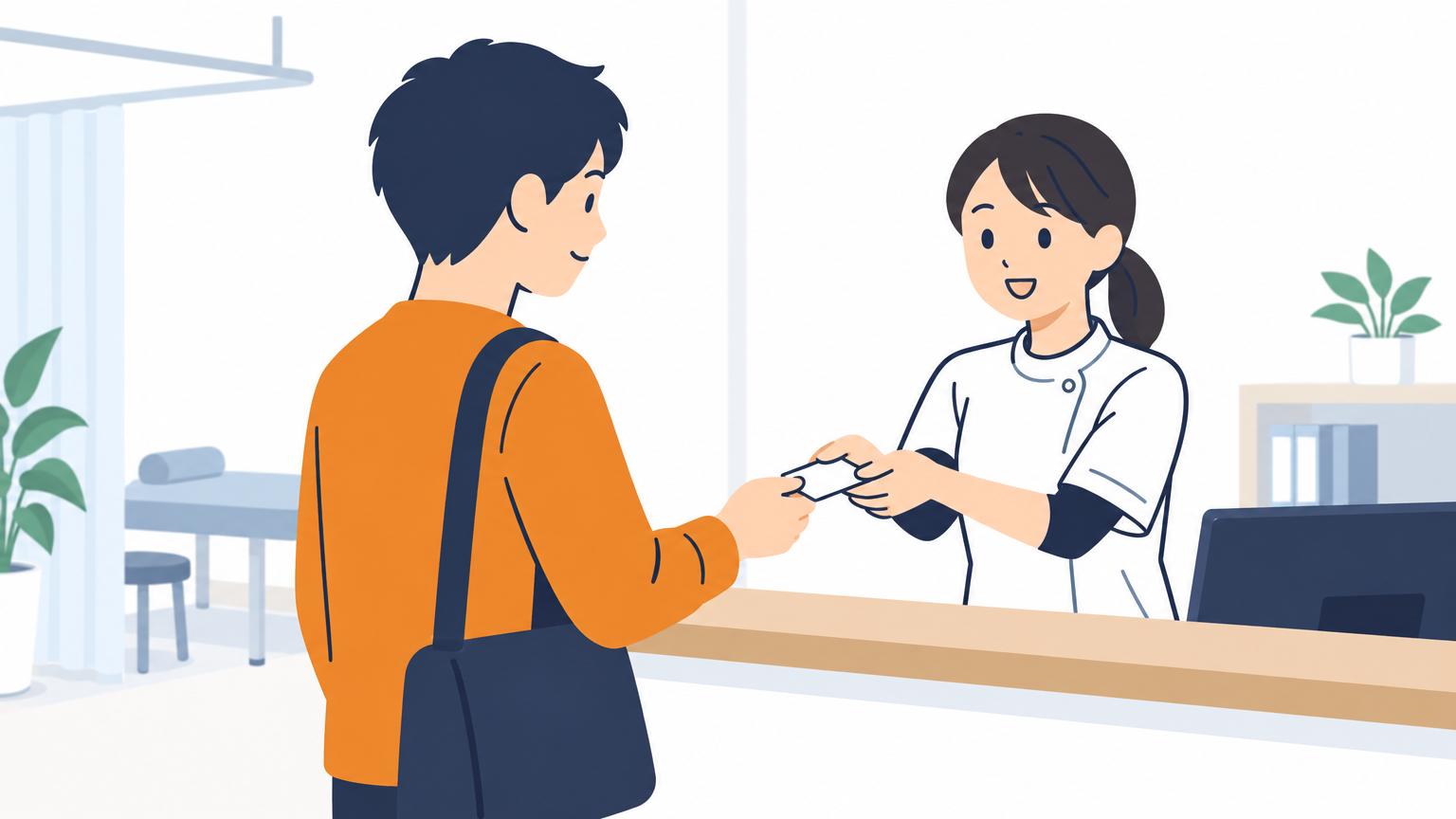 施術を終えた患者が整骨院の受付カウンターで、スタッフから小さなカードを手渡されている場面