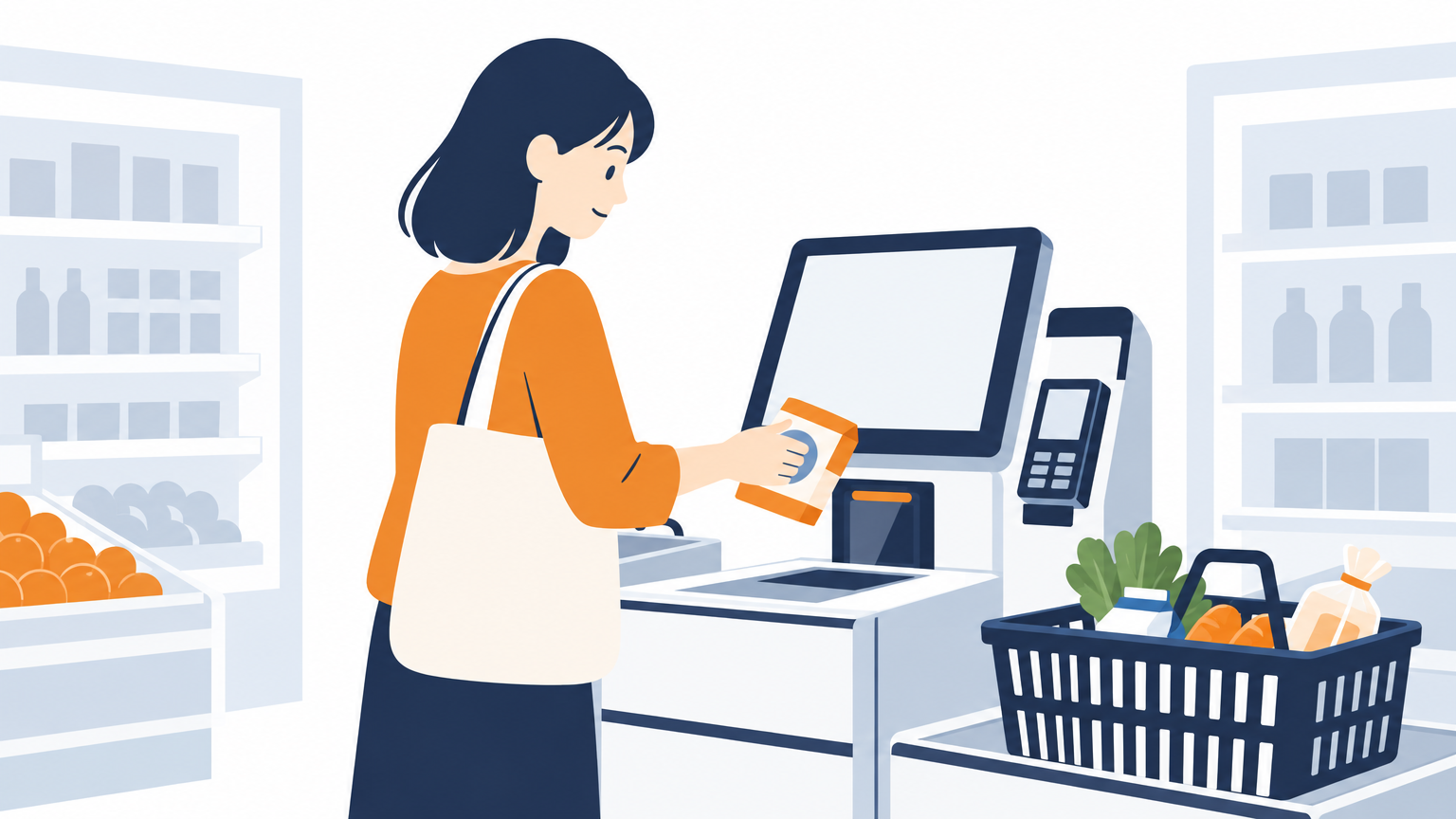 セルフレジで買物客が自分で会計をしていて、近くに店員がいない場面