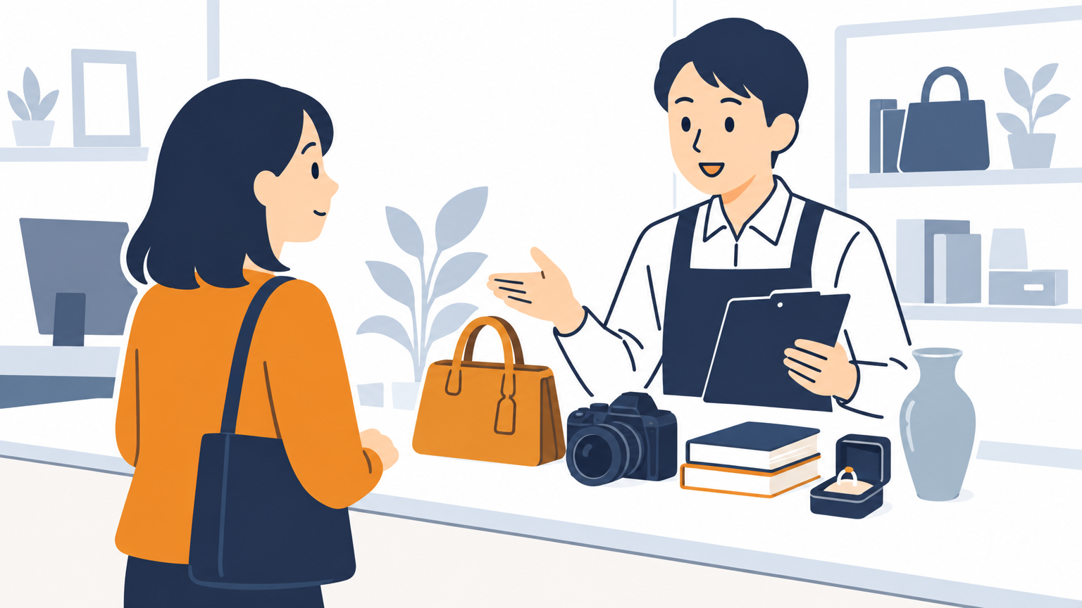 リサイクルショップの買取カウンターで、スタッフが持ち込まれた品物を前に、来店した人へ査定の内容を説明している場面