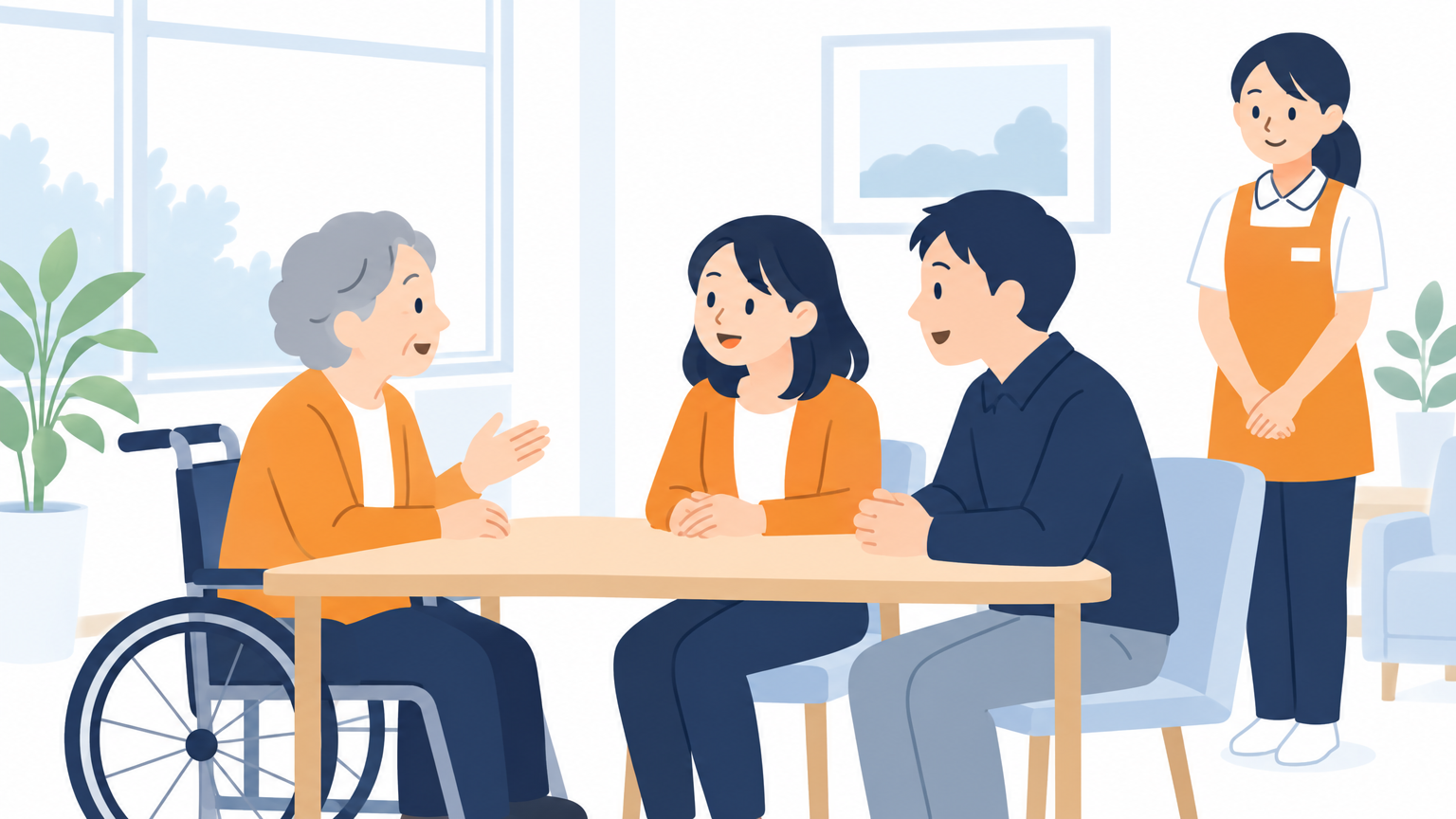 面会室で高齢の入居者とその家族が向かい合って話し、少し離れた場所で職員が穏やかに見守っている場面