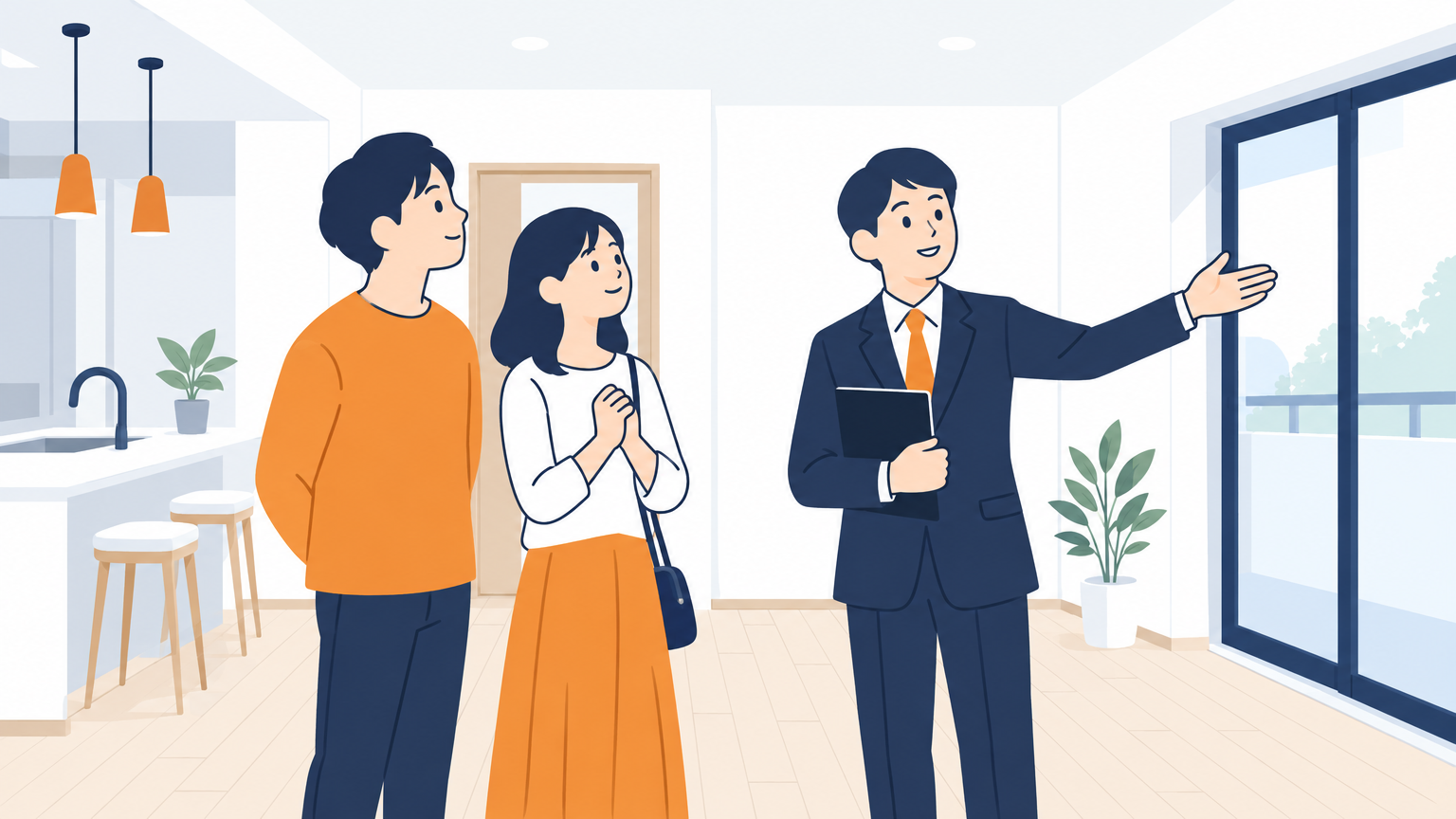 引き渡しの立ち会いで、住まい手と会社の担当者が改修後の部屋を一緒に見ている場面