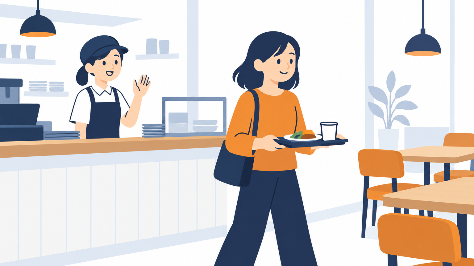 カウンターでトレーを受け取り、店内の席へ向かおうとしている来店客と、カウンターの中で見送るスタッフ