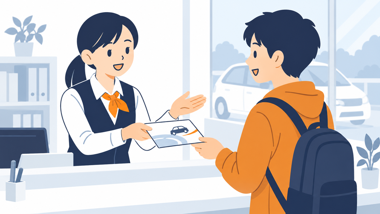 教習所の受付カウンターで、スタッフが卒業する教習生に案内カードを手渡しながら話している場面