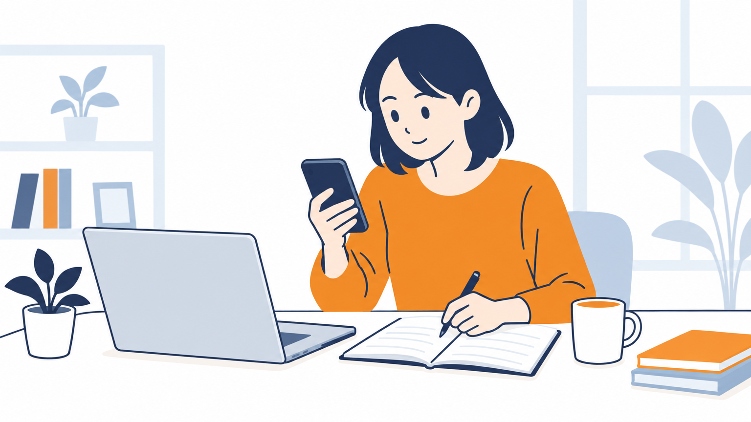 机の上にノートパソコンとスマートフォンを並べ、画面を見比べながら手元のノートに書き留めている人の場面
