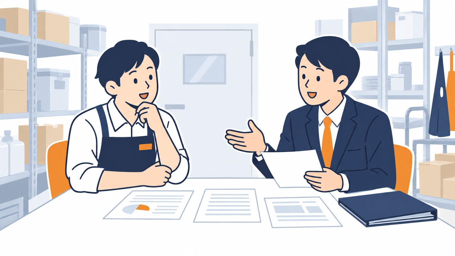 店舗のバックヤードで、店長と本部の担当者が資料を前に向かい合って相談している場面