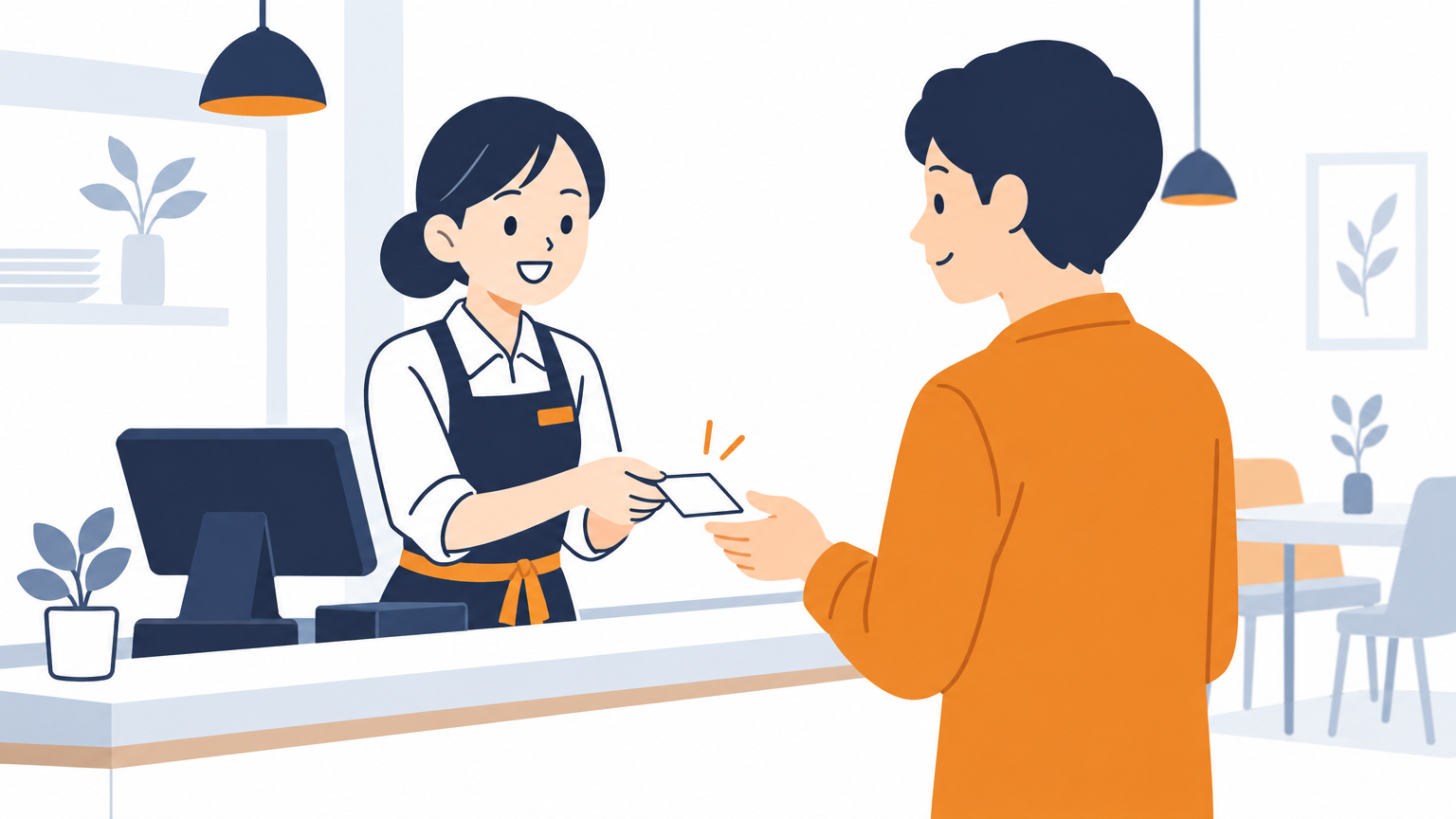 レストランの会計カウンターで、スタッフがお客様に案内カードを手渡している場面