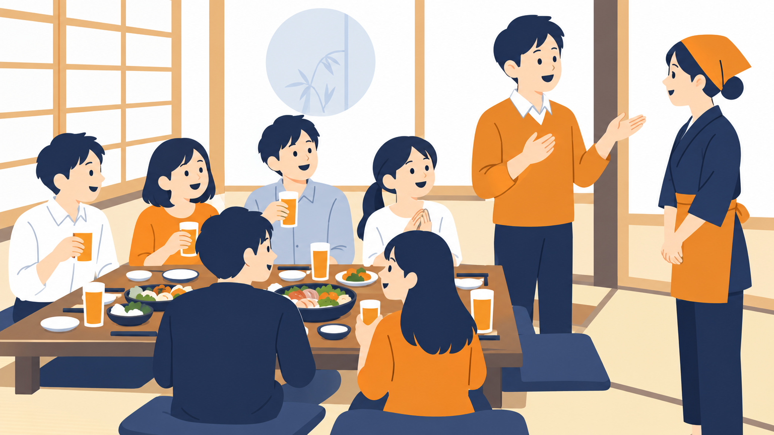 居酒屋の座敷で団体客が食事をしていて、幹事らしい人が店員と話している場面