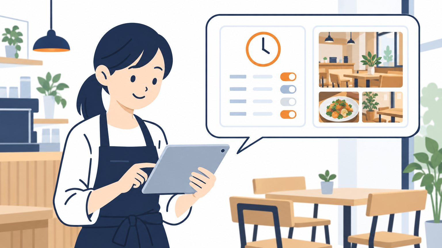 店舗のスタッフが、タブレットでGoogleビジネスプロフィールの営業時間や写真を確認・更新している場面