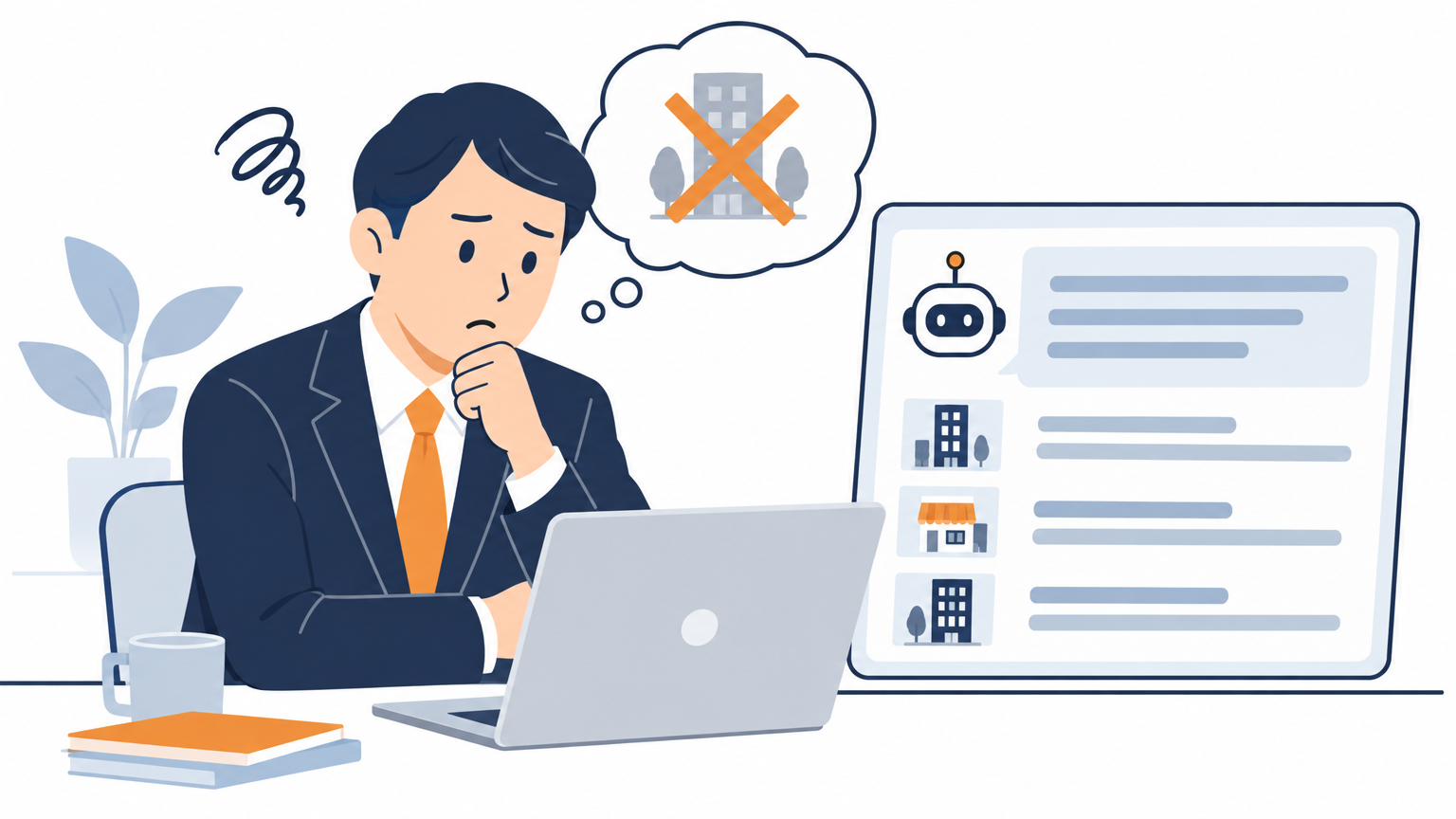 経営者がノートパソコンの前で、AIが返した回答の画面を見ながら、自社の名前が挙がっていないことに気づいて考え込んでいる場面