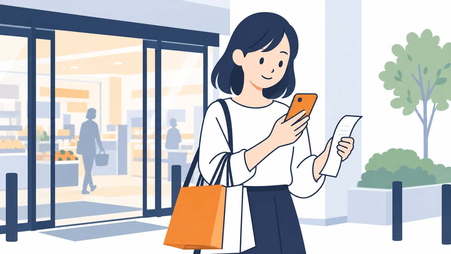 買物を終えた人が、店を出たあとにレシートを手にスマートフォンを見ている場面