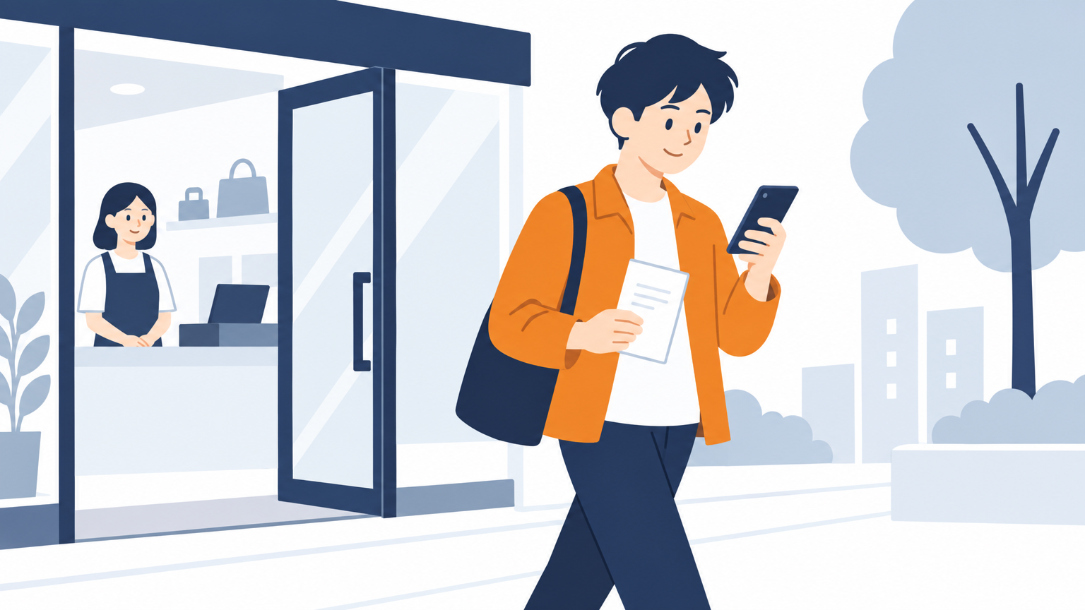 買取明細書を受け取った人が店を出て、歩きながら手元のスマートフォンを見ている場面