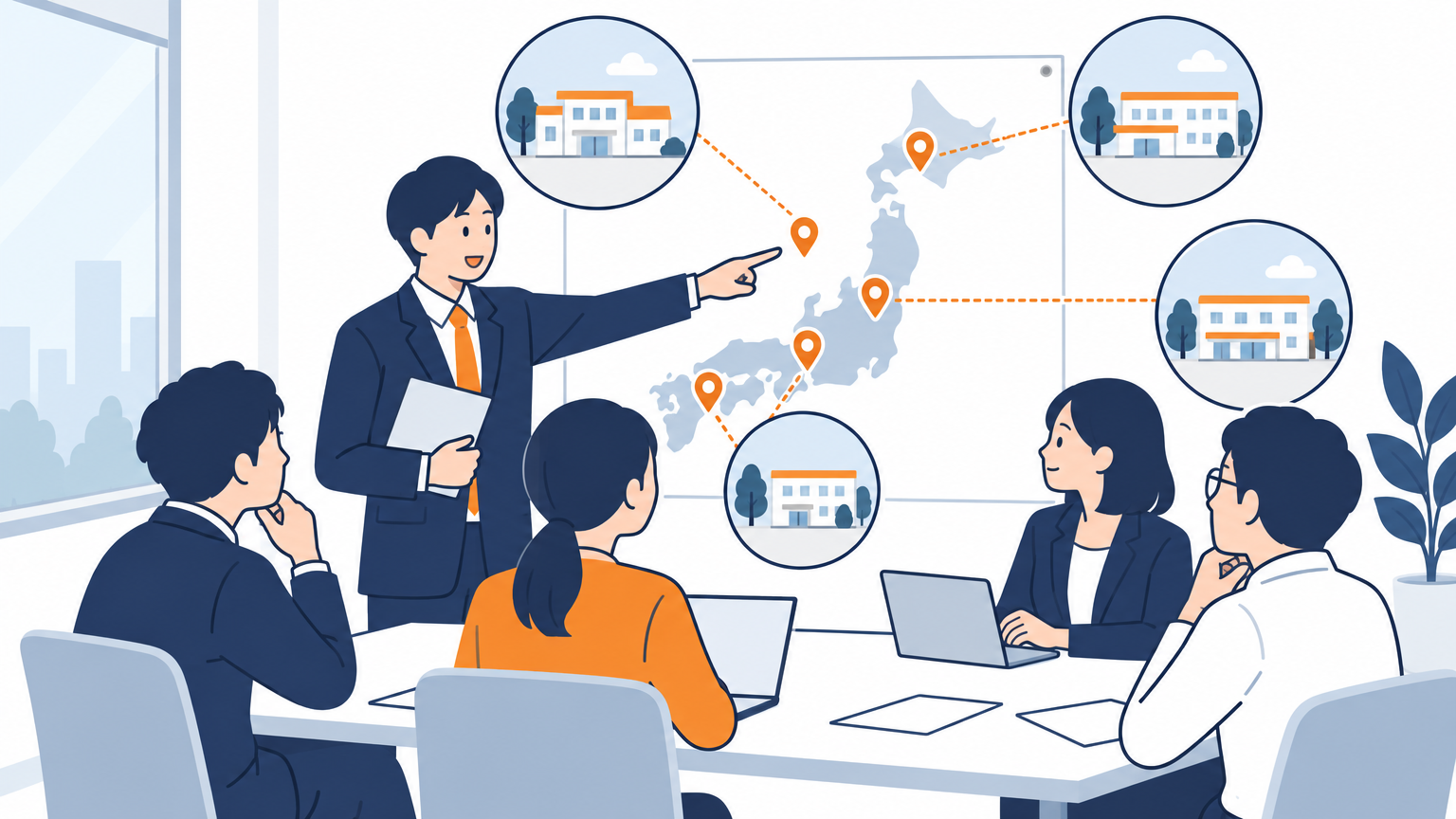 本部の会議室で、担当者が壁に貼った地図を指しながら、離れた複数の校の様子について話し合っている場面