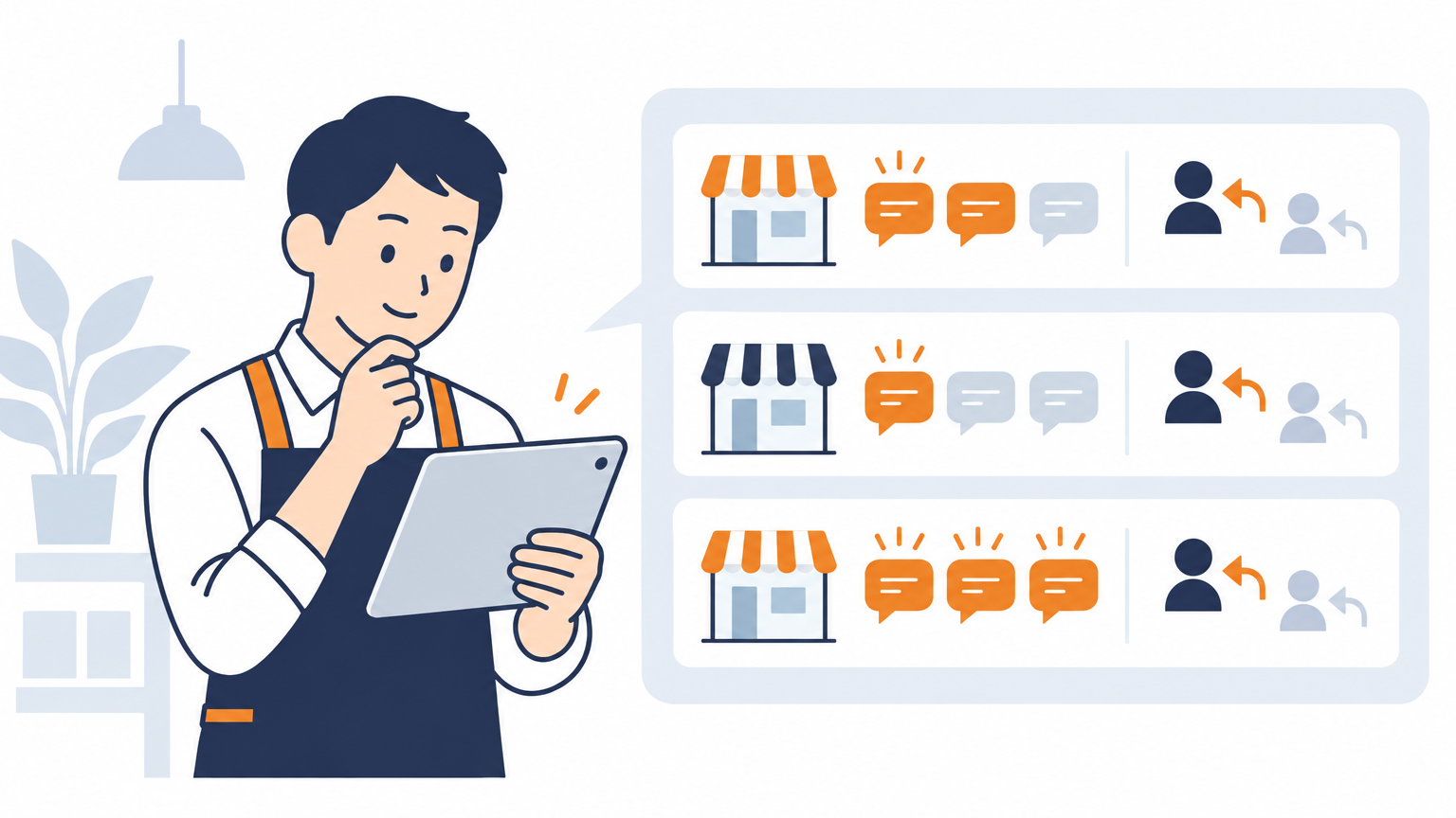 店長がタブレットを見ながら、店舗ごとの口コミの件数と返信の状況を確認している場面