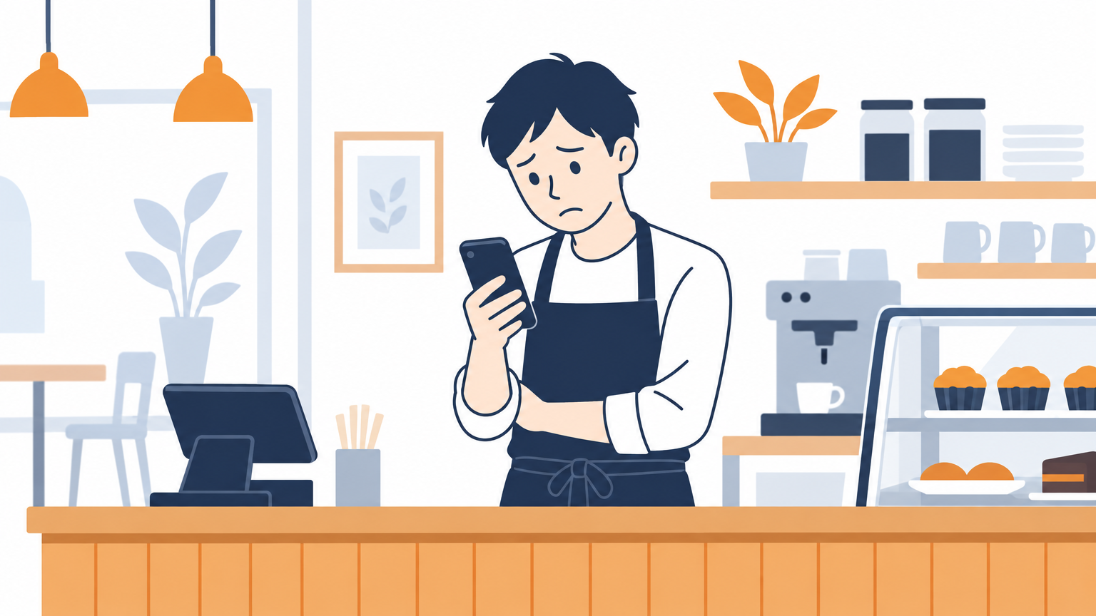 店内でスマートフォンを手にした店主が、画面を見て肩を落としている場面