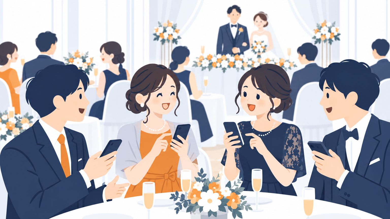 披露宴の会場で、参列したゲストがスマートフォンを手に笑顔で話している場面