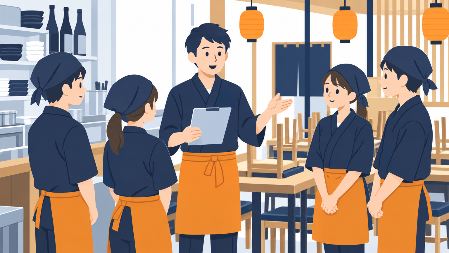 開店前の居酒屋で、店長が数人のアルバイトスタッフに手順を説明している場面