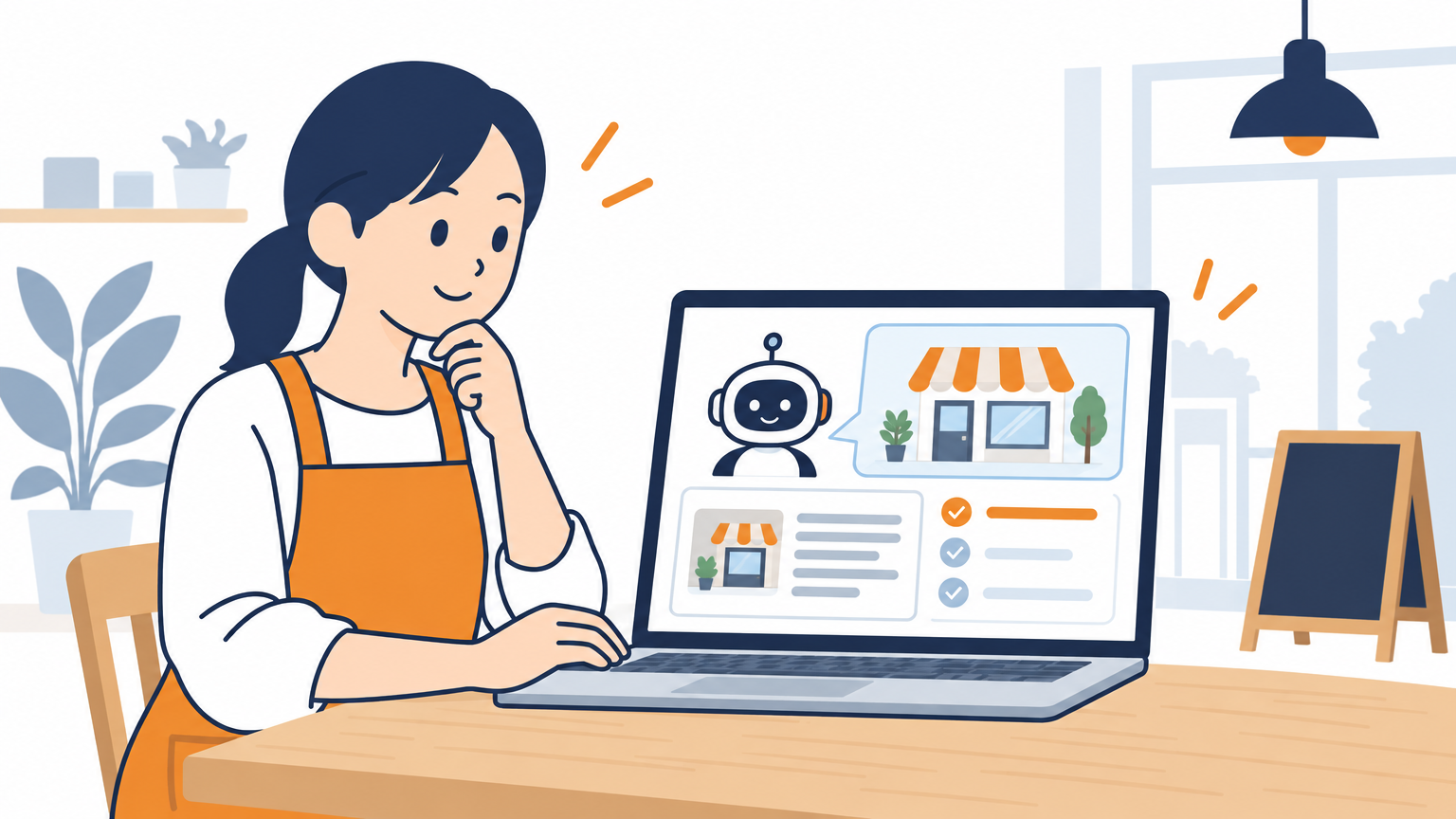 店舗の担当者がノートパソコンの画面で、自店舗のAI検索での見え方に関する診断結果を確認している場面