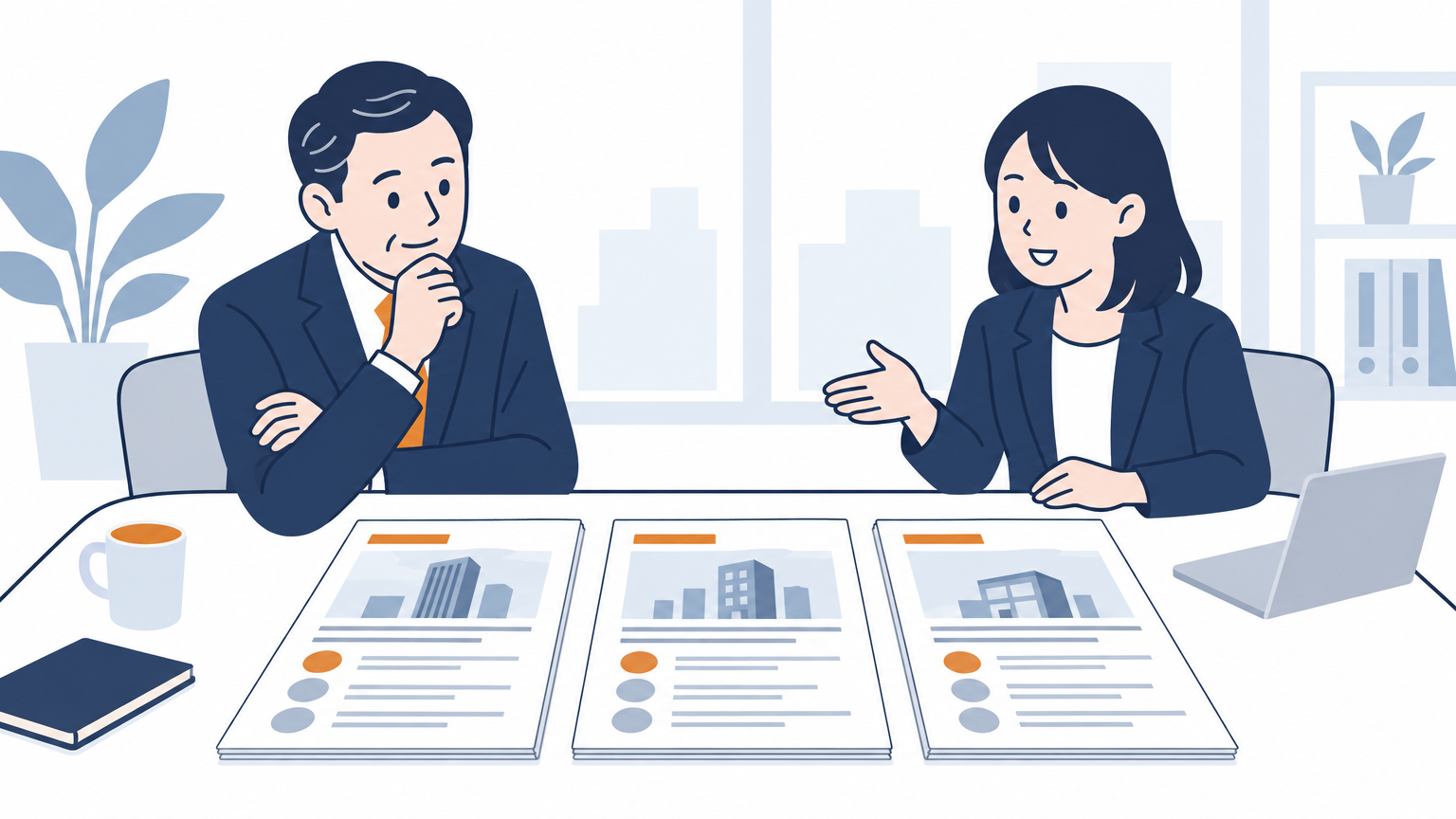 経営者と担当者が机をはさんで向かい合い、複数の会社の提案書を並べて見比べながら話し合っている場面