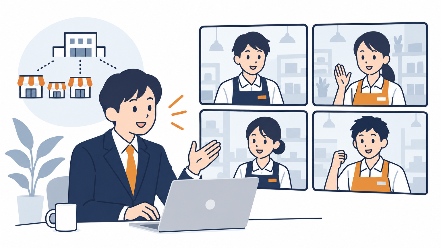 複数の店舗を束ねる本部の担当者が、店舗のスタッフとオンラインで打ち合わせをしている場面