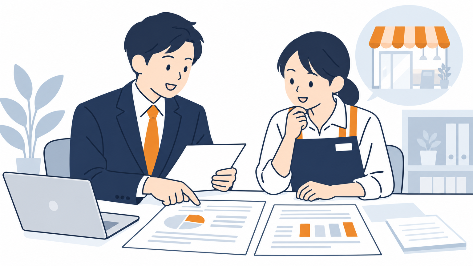 本部の担当者と店長が、机の上の書類を一緒に見ながら店舗の取り組みの状況を確認している場面