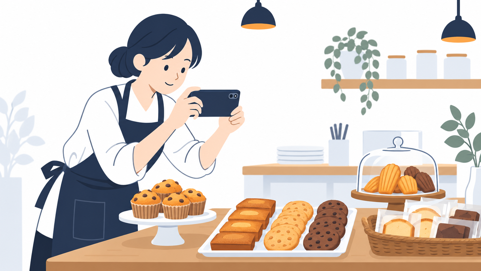 店のスタッフが、カウンターに並んだ焼き菓子をスマートフォンで撮っている場面