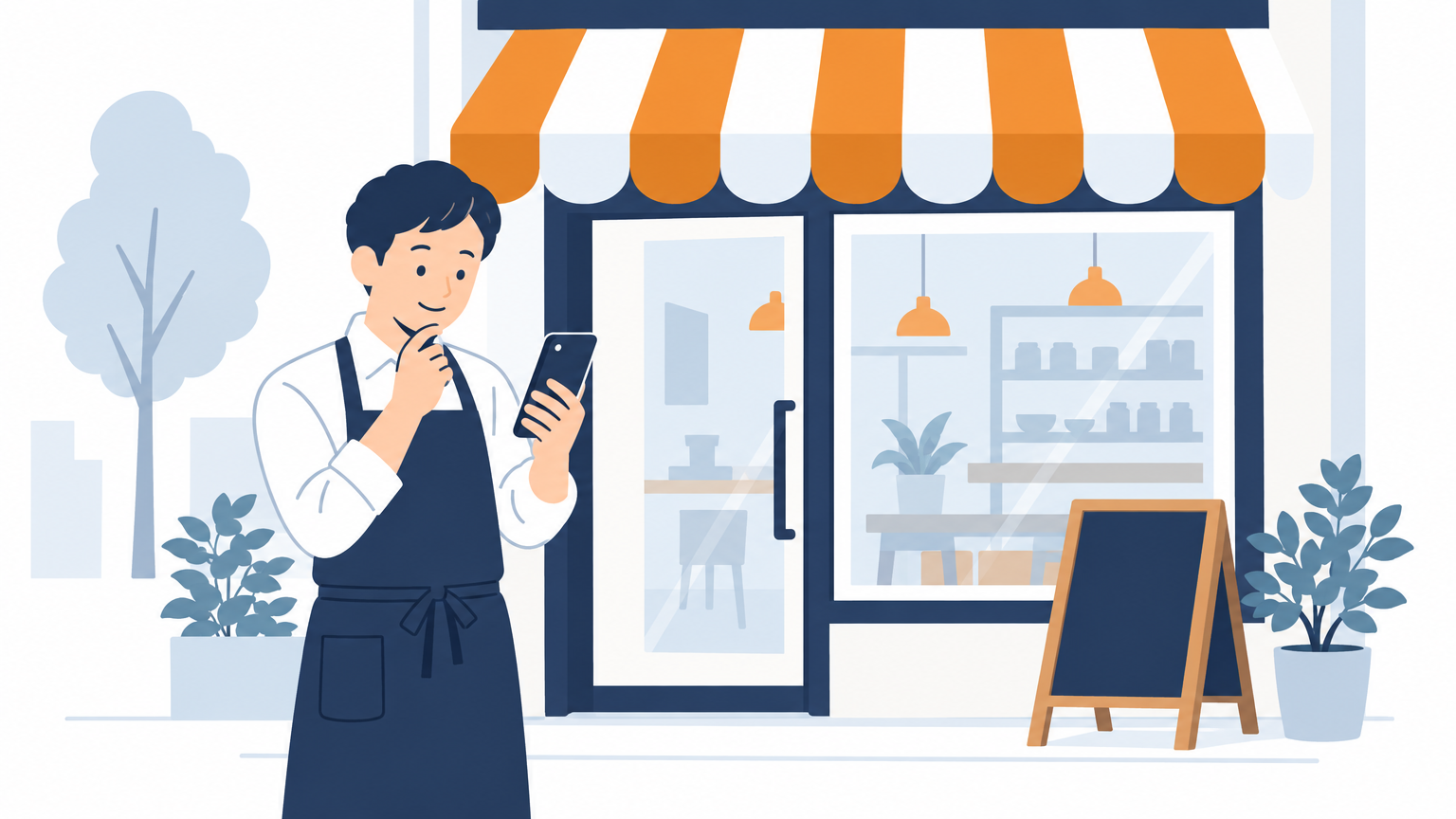 店の前でスマートフォンを片手に、今の見え方を確かめている店主の場面