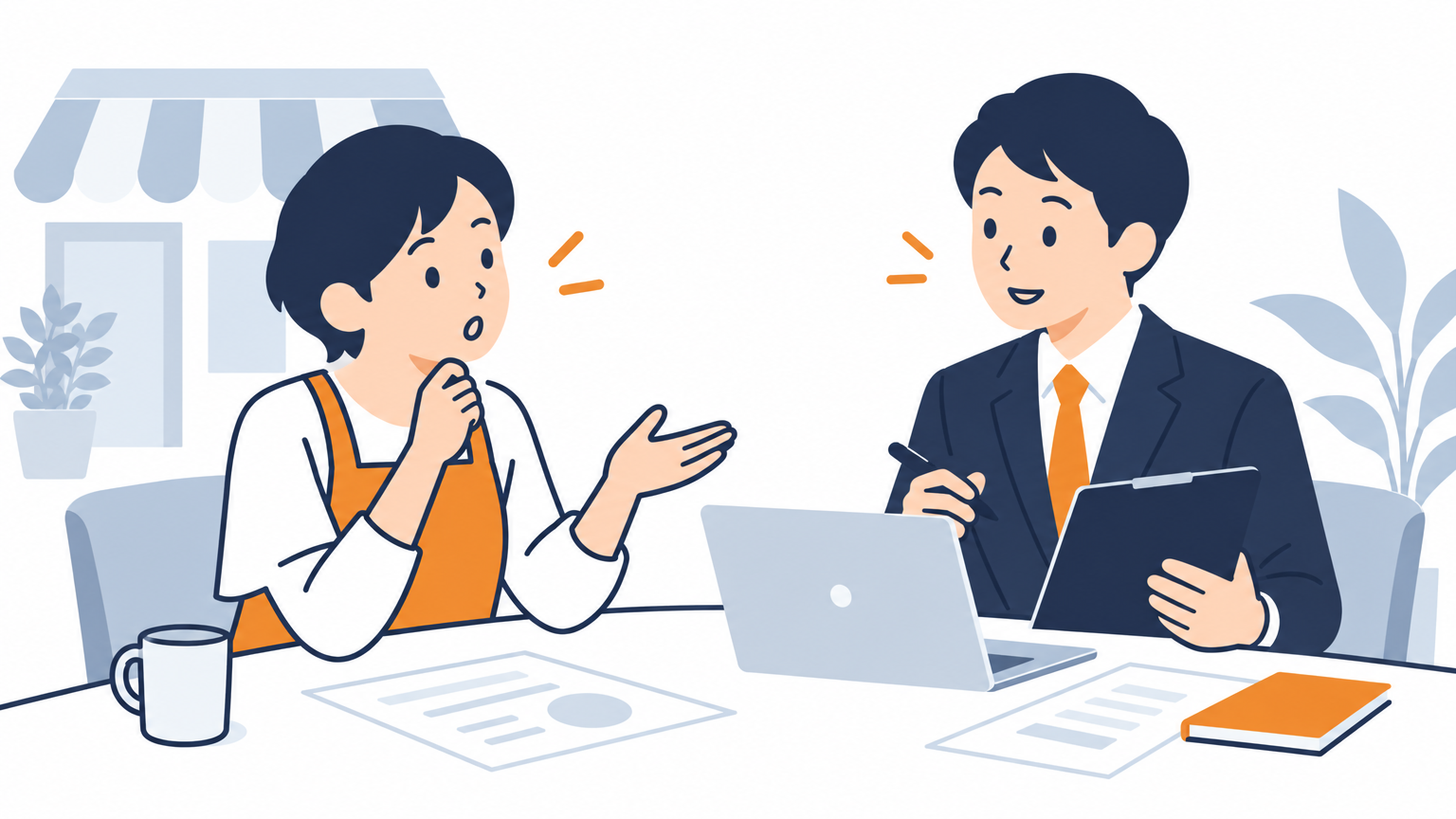 打ち合わせのテーブルで、店舗の担当者が業者の担当者に質問している場面