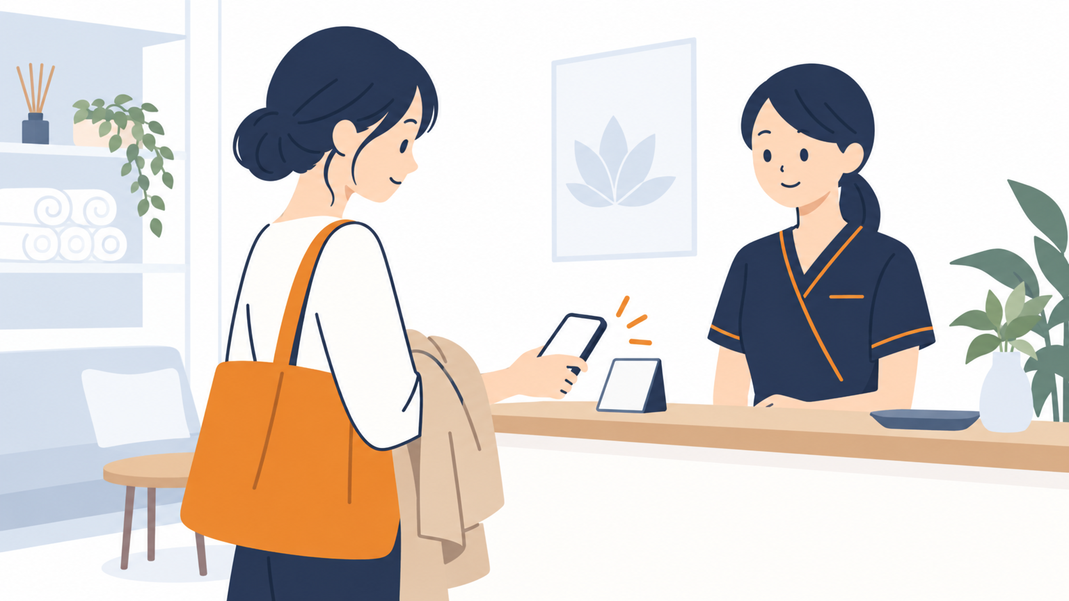 リラクゼーションサロンの会計カウンターに置かれた小さなカード型のタグに、帰り支度をしたお客様が自分のスマートフォンをかざしている場面
