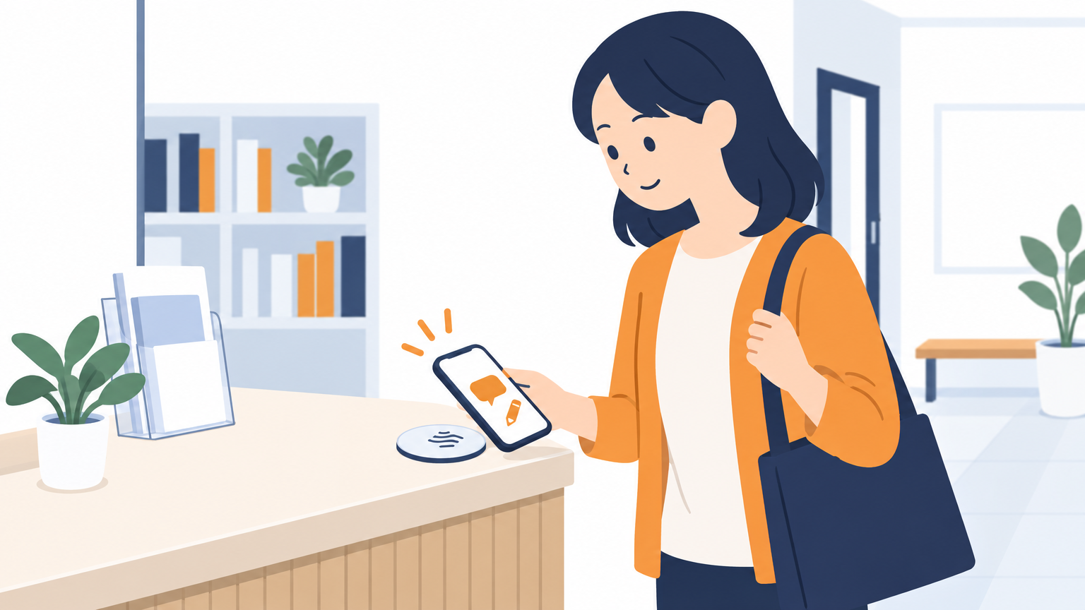 塾の受付カウンターに置かれたNFCタグに、帰りぎわの保護者がスマートフォンをかざして口コミの投稿画面を開いている場面